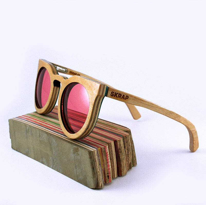Recycled Wooden Skateboard Sunglasses (Smaller Rounded Lens w/ Pink Lenses)